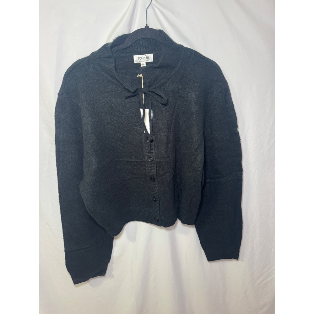 Black Cardigan XL Tie Neck Button Front Minimalist Cozy Fall Tulip B NWT